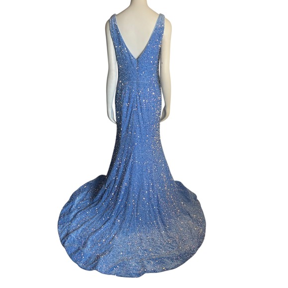 Sparkling Blue Sequin Mermaid Gown V Neck Train Formal Evening Dress Size 14 - Picture 3 of 10